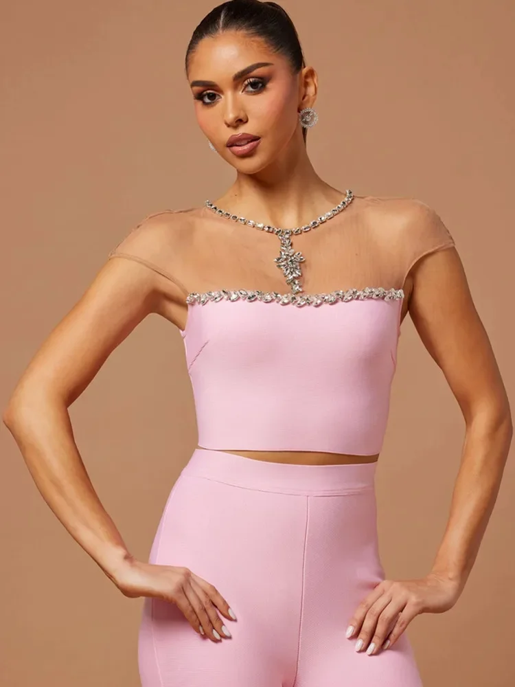 Imagem -03 - Conjunto de Bandagem de Malha Sexy Feminino Calças de Peças Frisado Rosa Estilista Celebridade Moda Luxo 2023