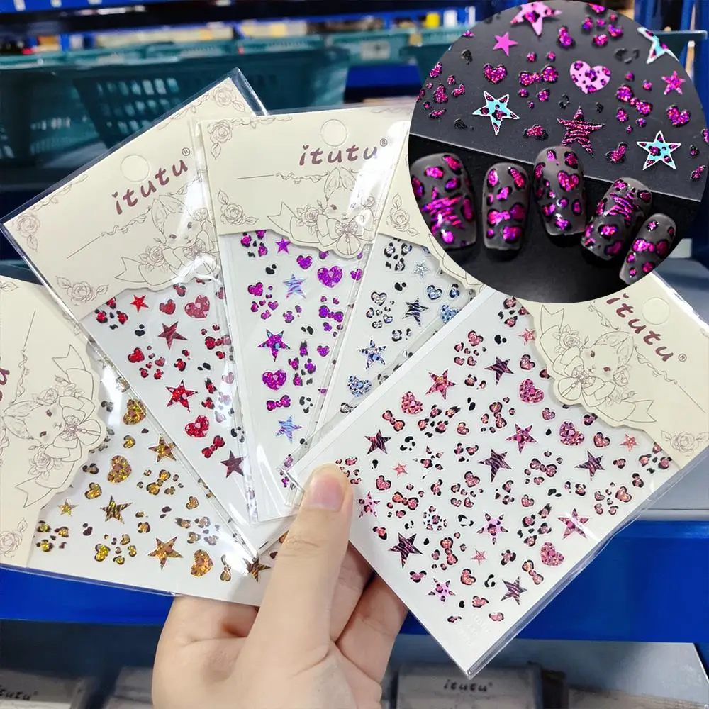 1/2pcs 5D Sexy Leopard Print Star/Heart/Bow Nail Stickers 5-Color Shiny Y2K Stars Self-adhesive Decals Leopard Nail Art Supplies