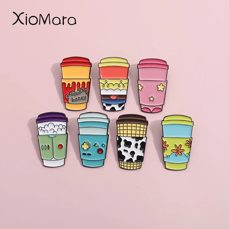 Coffee Cups Mugs Enamel Pins Custom Cartoon Artistic Paper Cup Design Brooch Lapel Badges Funny Honey Stickers Jewelry Gift