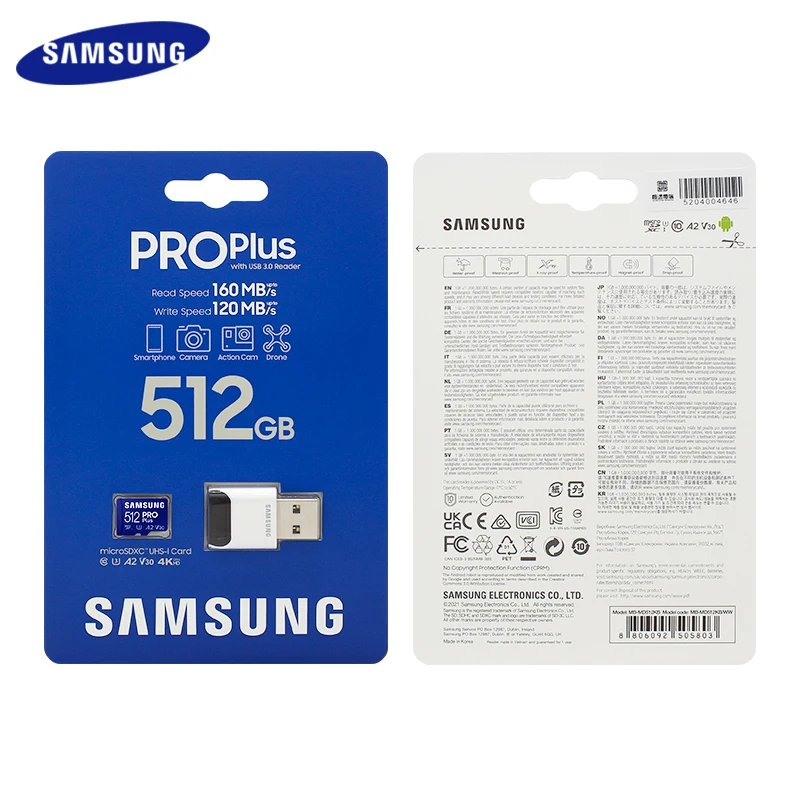 Original SAMSUNG Memory Card With USB 3.0 Card Reader Pro Plus 128GB 256GB 512GB Micro SD Card A2 V30 Flash TF Card for Phone PC