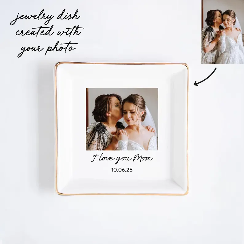 Custom Photo Text Ceramic Jewelry Dish Gold Rim Multi Shape Personalized Ring Trinket Tray Anniversary Birthday/Bridesmaid Gift