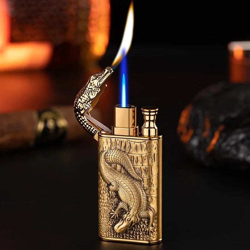 Unusual Blue Flame Metal Crocodile Double Fire Dragon Lighter Creative Direct Windproof Open Fire Conversion Lighter Man\'s Gift