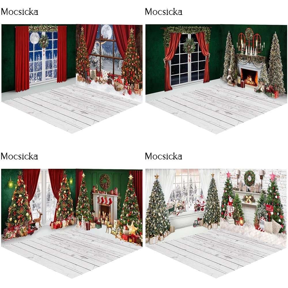 

Mocsicka Christmas Photography Backdrop Room Set Green White Interior Fireplace Photographic Background Xmas Party Decorations