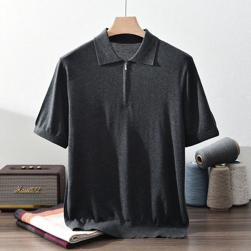 85% Silk+15% Cashmere Men's T-Shirt Casual Solid Color Knitted Pullover Short Sleeved Half Zip POLO Neck Tees Basic Tops