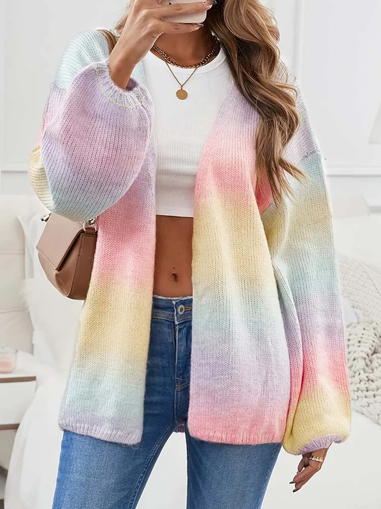 

Женский вязаный кардиган оверсайз с градиентным радужным узором, V-образным вырезом, длинными рукавами, на пуговицах, мягкий вязаный свитер-пальто
