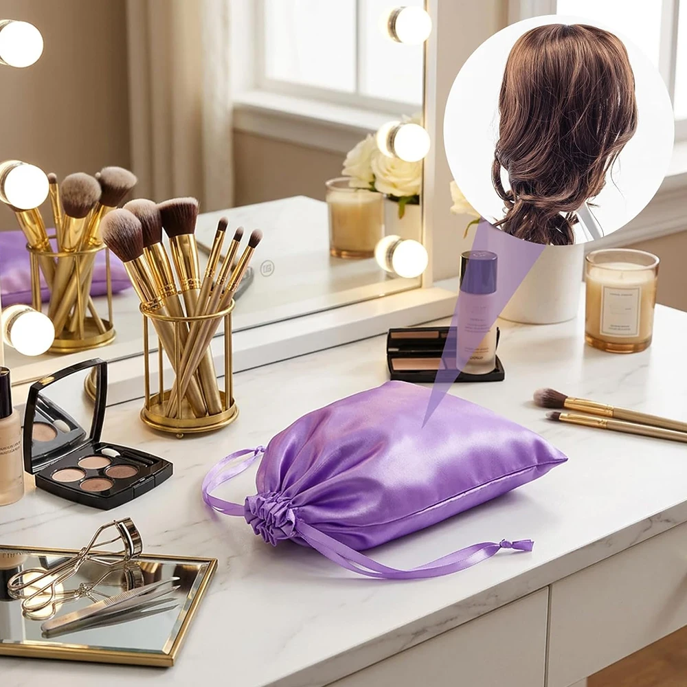 

6 Pcs Satin Wig Bag, Wig Storage Bags Satin Bag for Wigs Silk Bags with Drawstring for Wigs Bundles Hair Extension Supplies Home