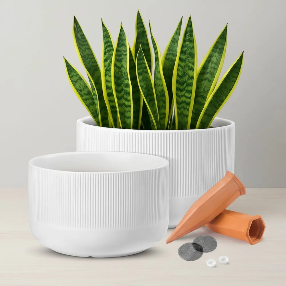 

Large Ceramic Planters Set of 2, 10+12 Inch Self Watering Flower Pots with Drainage Holes for Indoor Outdoor Plants