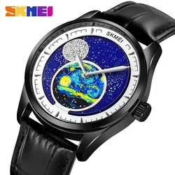 SKMEI Fashion Starry Sky Moon Phase Quartz Watches Mens Casual Genuine Leather Strap Wristwatches Waterproof Clcok reloj hombre