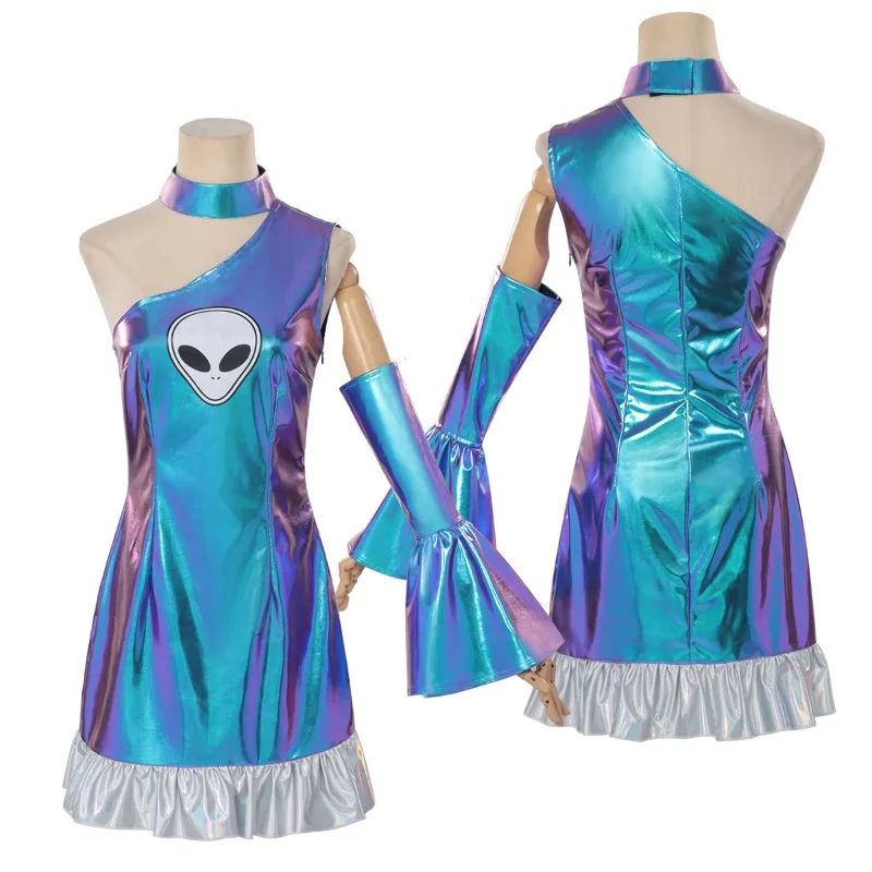 

Girls Space Alien Cosplay Costume Silver Blue Purple Robot Dress Futuristic Sci-Fi Cos Outfits for Halloween Stage Performance