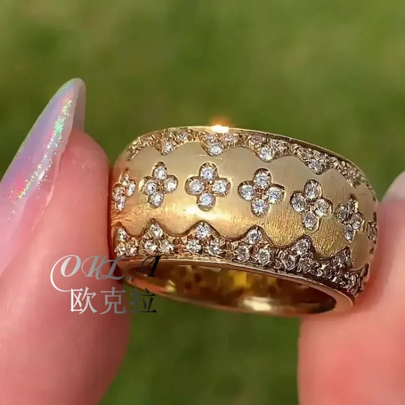 

OKLA Italian Retro Jewelry Four-Leaf Clover Zircon Design Gold Color Wide Rings Banquet Party Accessories For Women