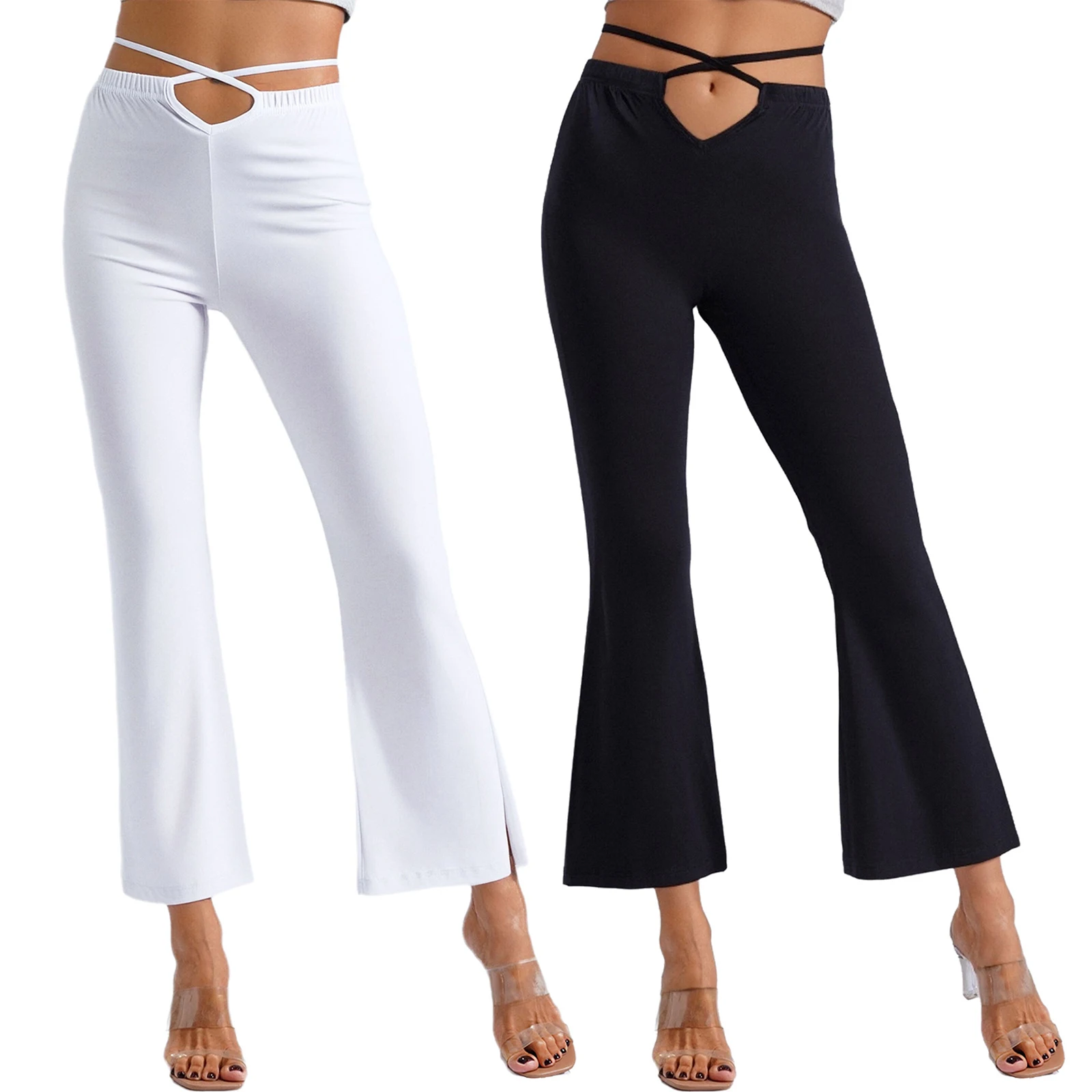 

Womens Basic Dance Pants Elastic Waistband with Waist Criss-Cross Straps Solid Color High Side Slit Flared Pants Dancewear Daily