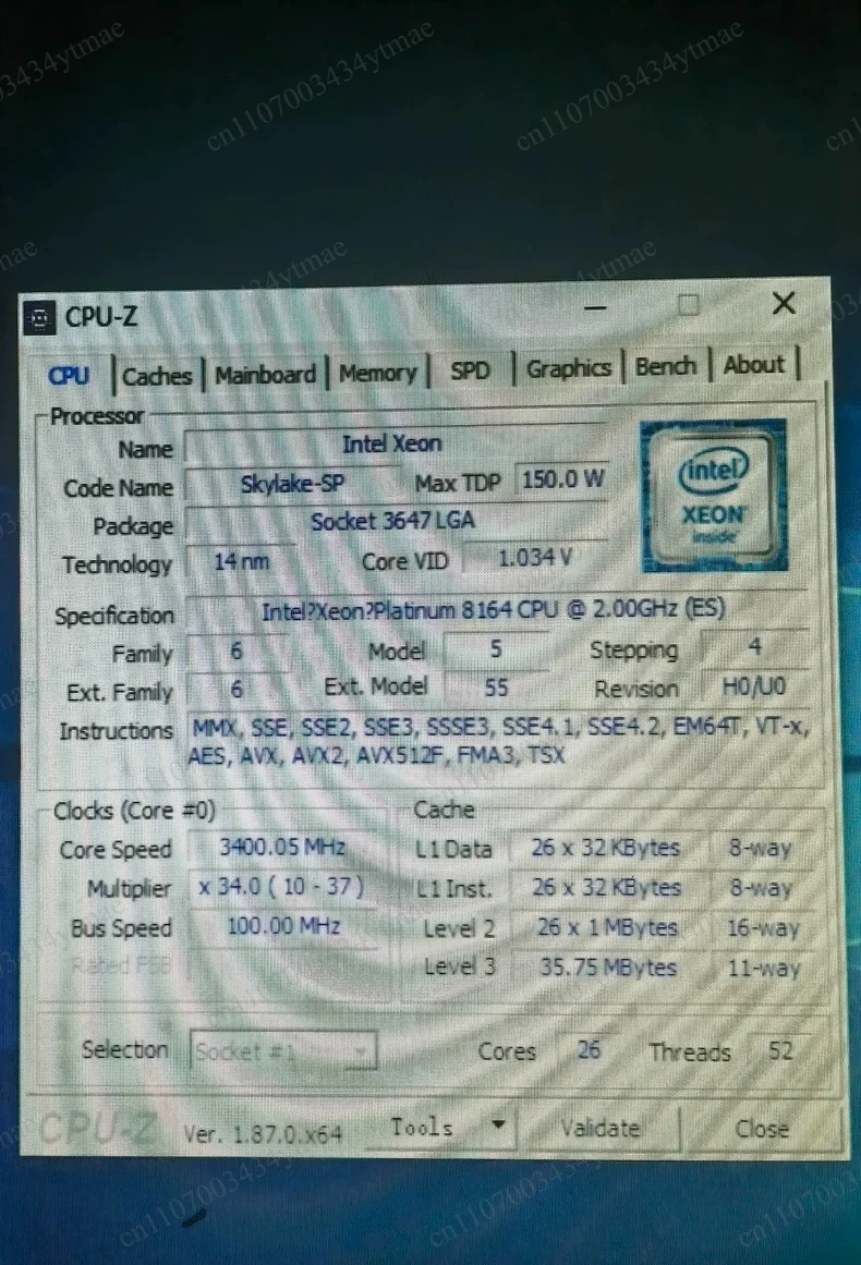 Platinum 8164 CPU Processor 26‑Core 52‑Thread 2.0GHz 35.75MB 150W LGA3647 Replacement for C621 Server Motherboard