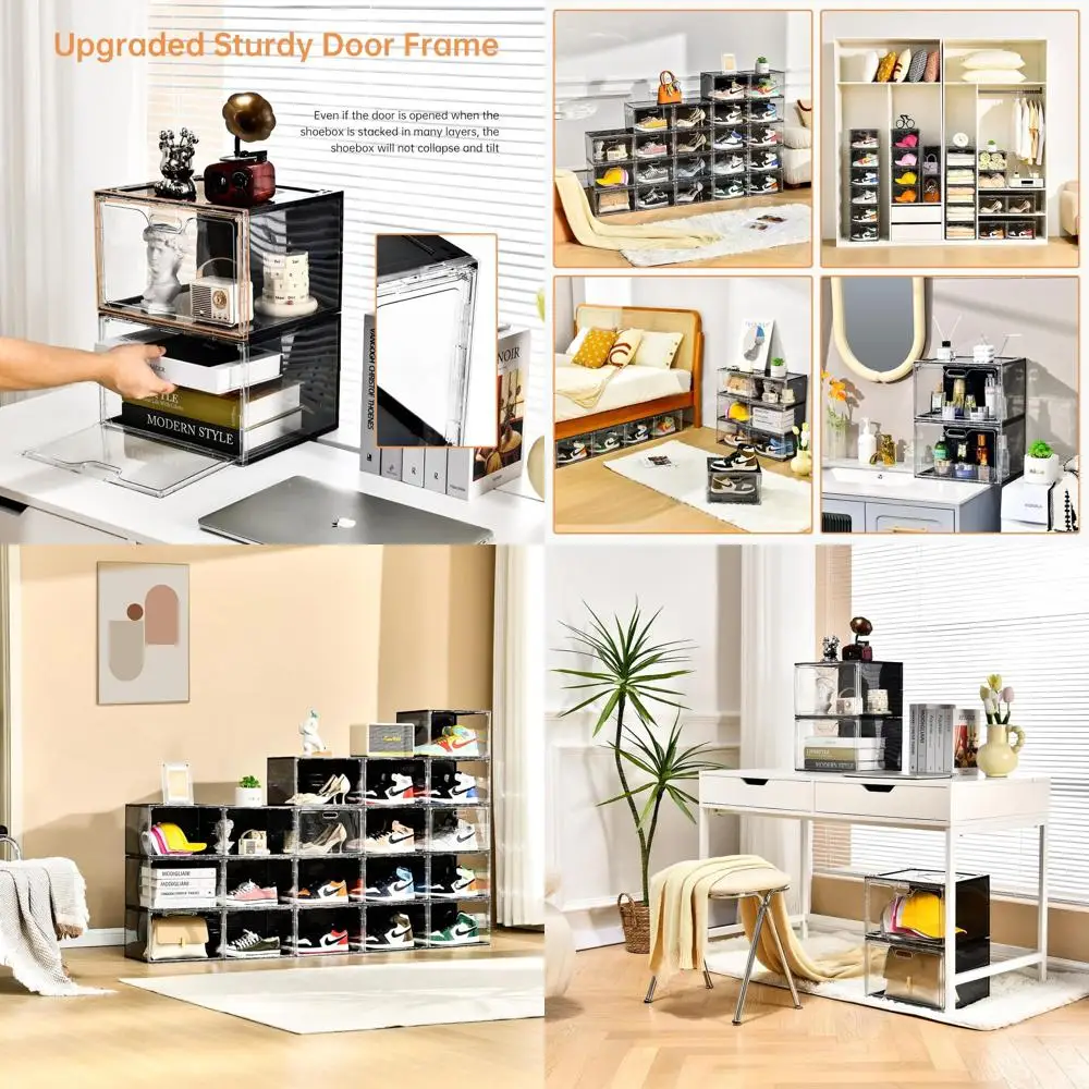 

Stackable Shoe Organizers for Large Storage, Lidded Boxes for Entryway, Fits US Size 13 Men/Women (13x10.6x8.3)