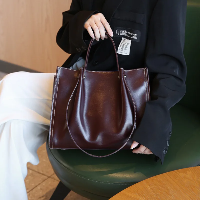 

Luxury Brand Leather Women's Bag 2024 Large Capacity Commuter Tote Cowhide Shoulder Purses AndHandbag