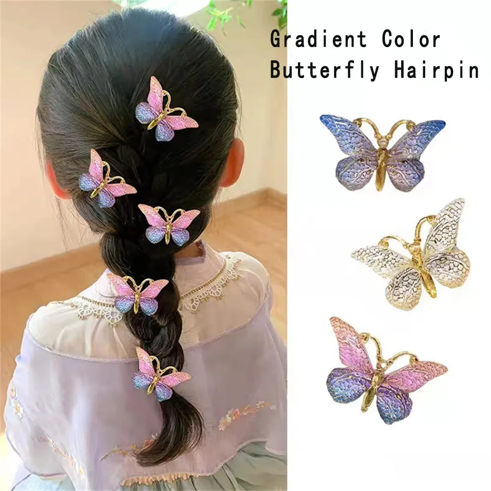 Children Gradient Butterfly Hairpin Colorful Cracked Ponytail Hair Clips Cute Princess Headwear Birthday Party Jewelry Gift