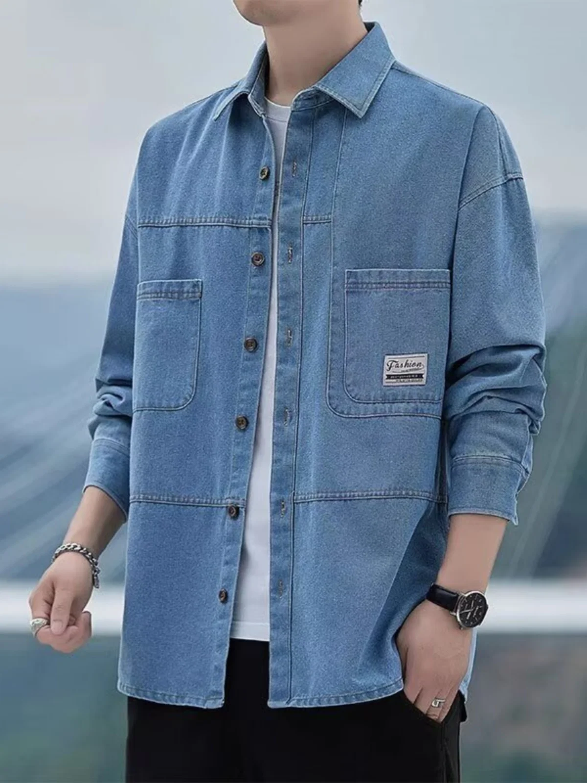 

Spring Men's Denim Jacket Casual Versatile Loose Workwear Thick Shirt Stylish Youthful Wear Resistant Standard Fit Long Sleeve