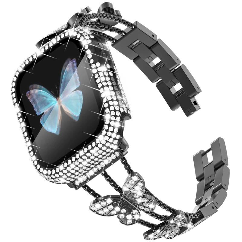 Elegantes und modisches Damenuhrenarmband mit Schmetterlingsdiamanten für die Apple Watch, glänzendes, mit Schmetterlingsdiamanten eingelegtes Metallarmband