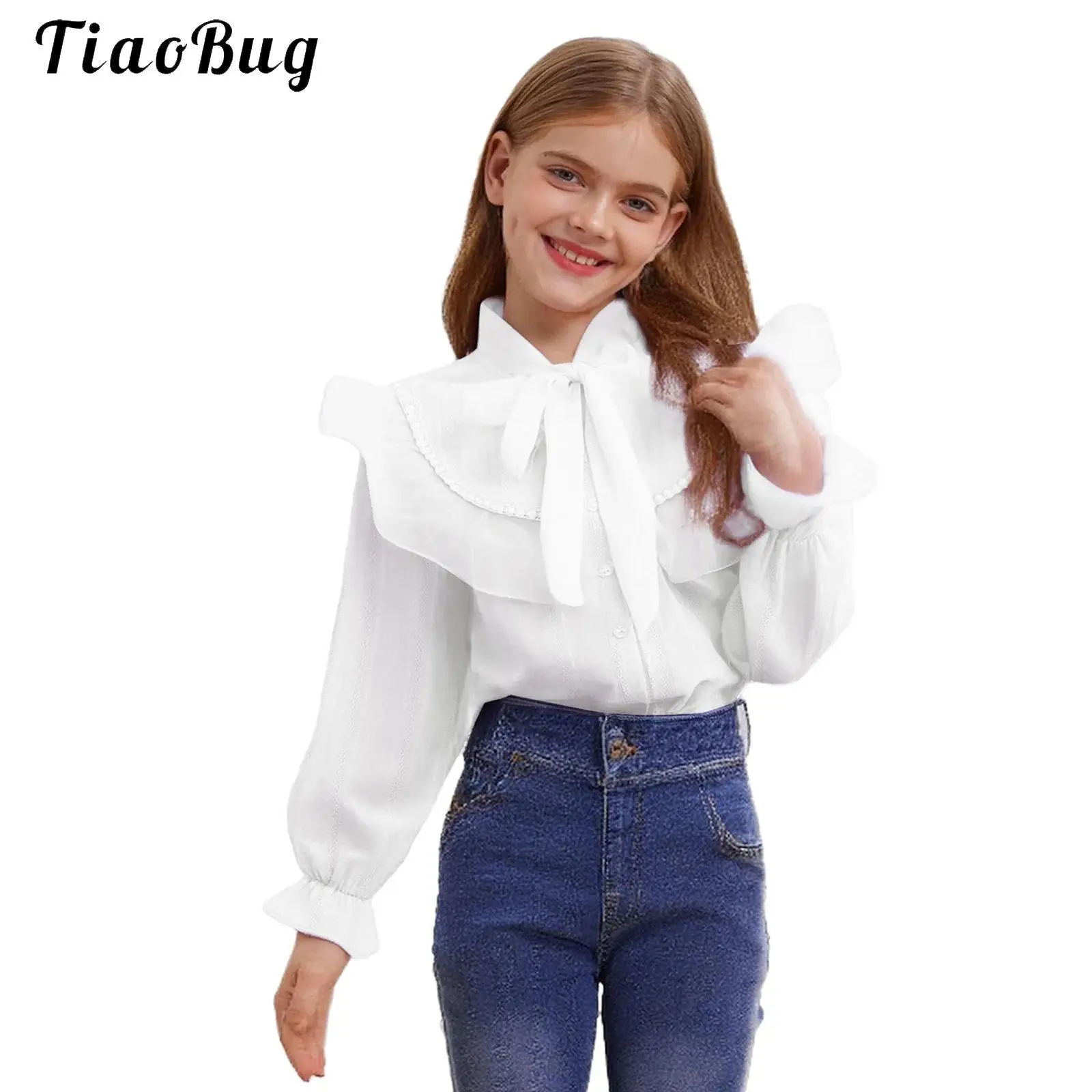 

Kids Girl Cute Button T Shirt Tulle Ruffles Collar White Long Sleeved Lovely Korean Version Top Autumn Teen Girl Clothes