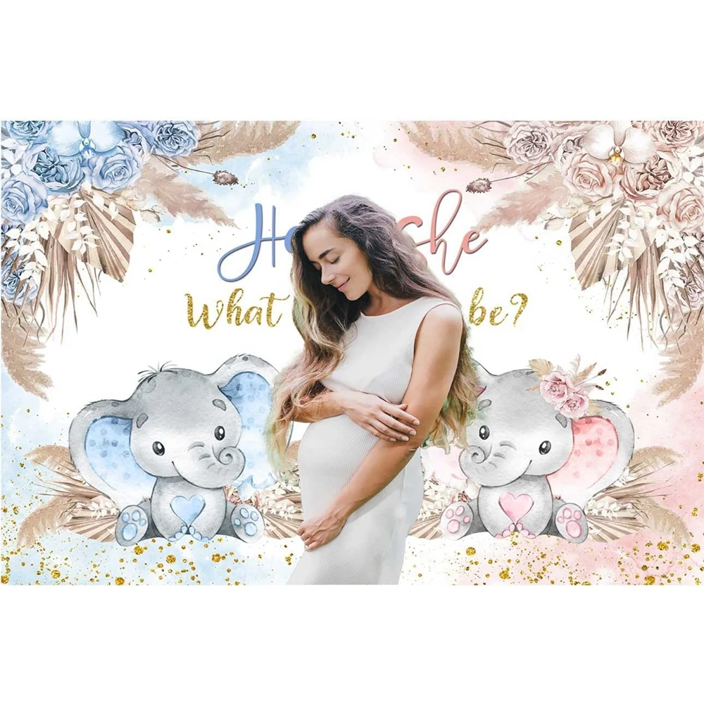 การเปิดเผยเพศฉากหลังถ่ายภาพเด็กแรกเกิดสไตล์โบฮีเมียนดอกไม้การ์ตูนช้างสำหรับเด็กชายหรือเด็กหญิงพื้นหลังรูปฝักบัวเด็ก