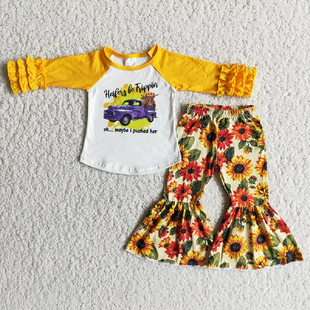 Wholesale Kids Children Yellow Ruffle Long Sleeves Shirt Outfit Baby Girl Sunflower Bell Pants Set Infant Toddler Clothing