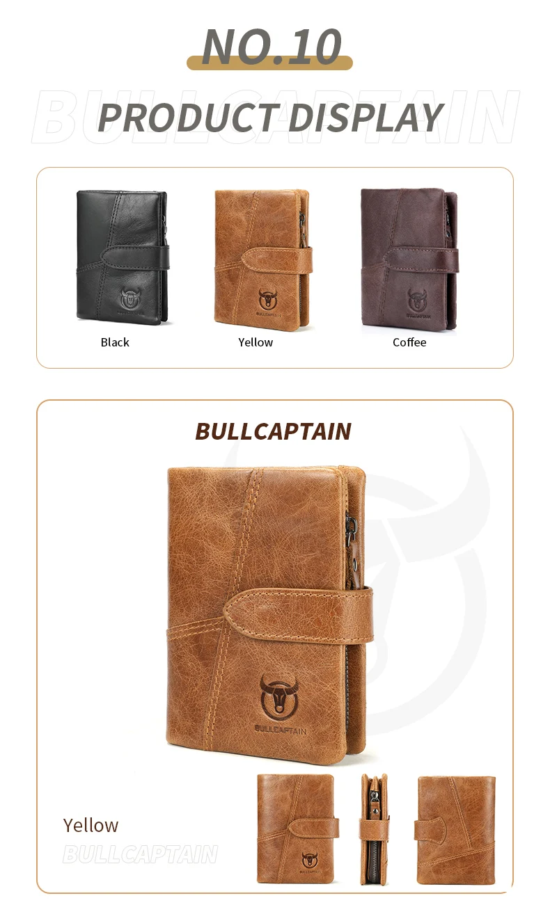 BULLCAPTAIN Herren-Geldbörse aus echtem Leder, Retro-Stil, lässig, dreifach gefaltet, Bargeldclip, RFID-Anti-Diebstahl-Kartenhalter, abnehmbarer Münzhalter – Detail 12