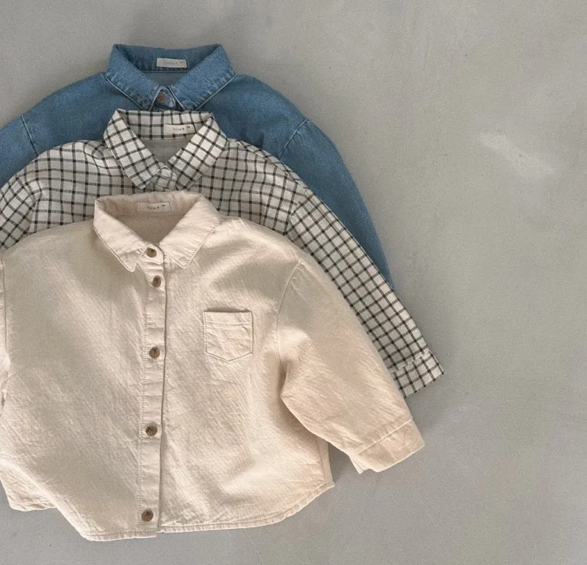 韓国スタイルカジュアルボタンターンダウン襟チェック柄ベビーコート長袖固体デニム新生児トップス服秋