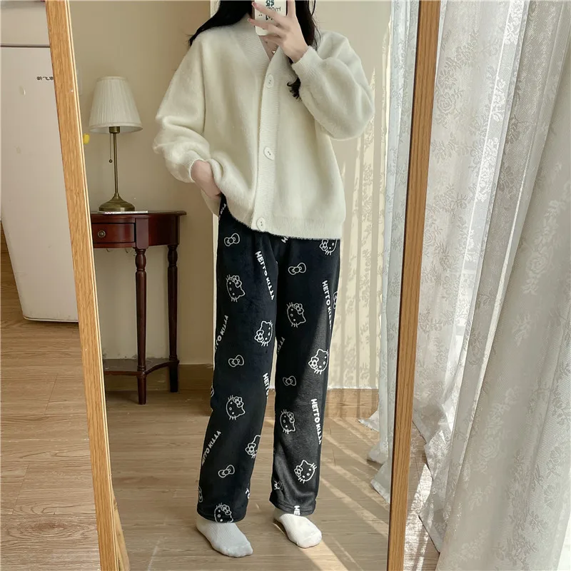 

2023 Cartoon Hello Kitty Cartoon Pattern Coral Fleece Autumn And Winter Thickened And Fleece New Home Casual Flannel Warm Pants