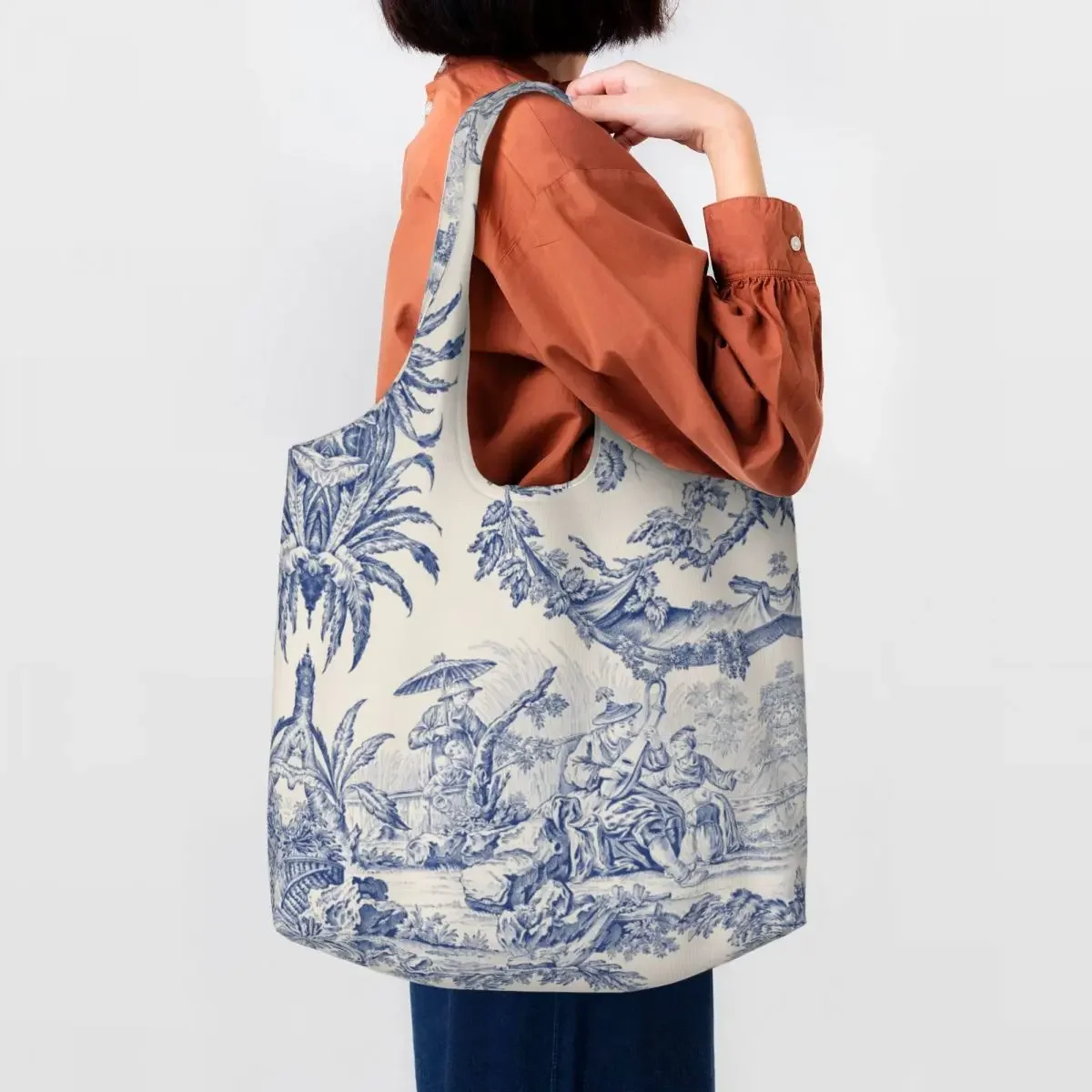 

Vintage Classic French Toile De Jouy Navy Blue Motif Pattern Shopping Tote Bag Recycling Canvas Groceries Shopper Shoulder Bag