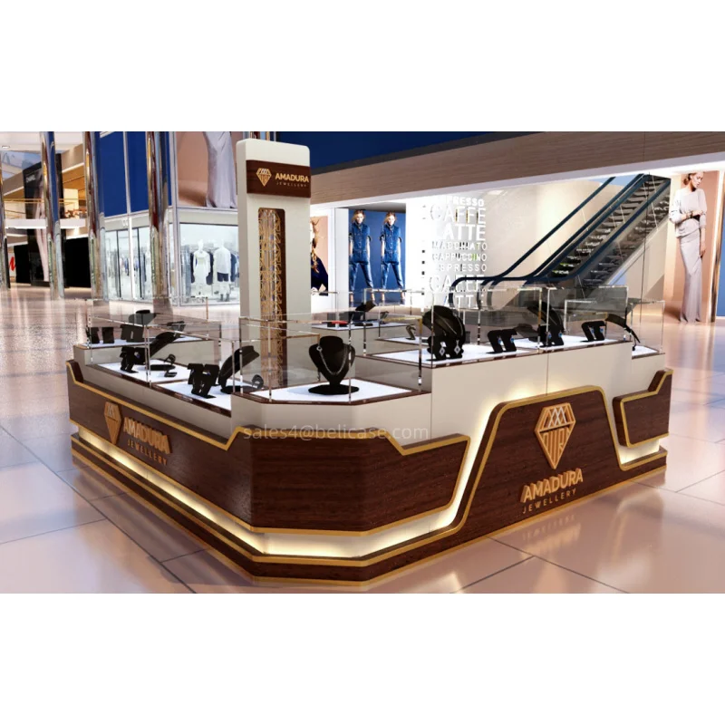 Customized. shop mall decoration jewelry kiosk design jewelry showcase with light jewellery display cabinet mall jewelry