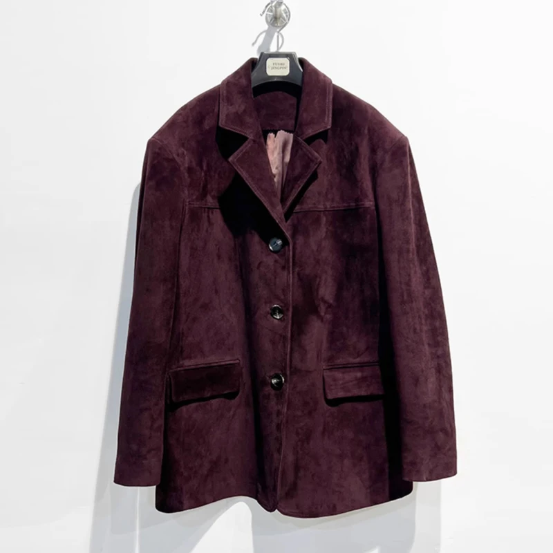 Moda wino czerwone damska zamszowa marynarka z jagnięcej skóry eleganckie klapy kobiece importowane zamszowe dziecięce kurtki na co dzień z owczej skóry