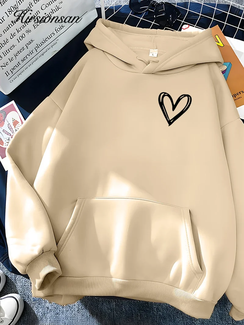 Women Sweatshirt Simplic Heart Print Couple outfit Soft Casual Loose Female Hoodies Autumn Winter Warm Fleece Student Tops