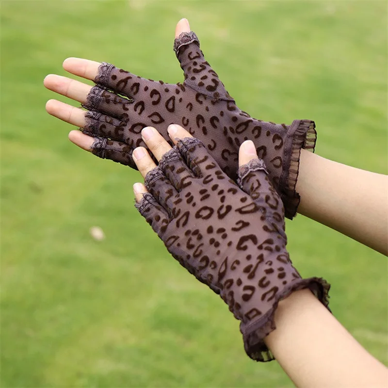 Leopard Pattern Mesh Gloves For Women Fashion Breathable Cute Driving Waist Translucent Short Lace Driving Mittens Female