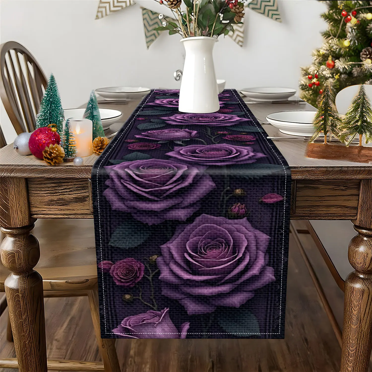1 Piece of Gothic-Style Skull and Purple Rose Table Runner, Decorated with Skull and Purple Rose Patterns, Suitable for Halloween Parties and Dark-Themed Home Decoration
