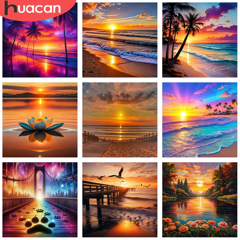 HUACAN Diamant-Mosaik-Set, Meer, Landschaft, voller Bohrer, Diamant-Gemälde, Sonnenuntergang, Wanddekoration, Wohnzimmer
