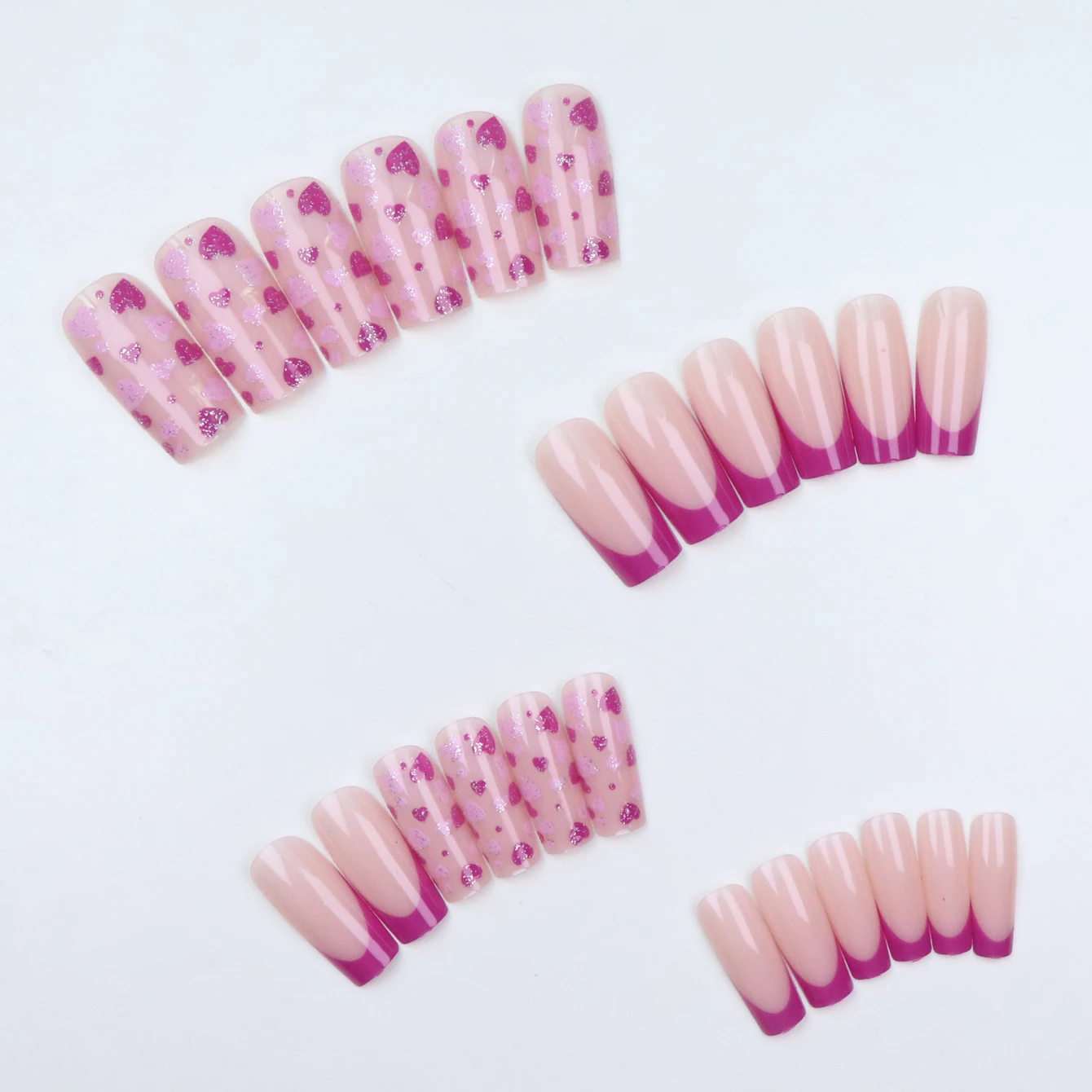 24-teiliges Künstliches Nagelset mit rosa französischem herzförmigem Design, 1-teiliges Nagelfeile- und 1-Nagelkleber-Aufkleber-Set für Nägel