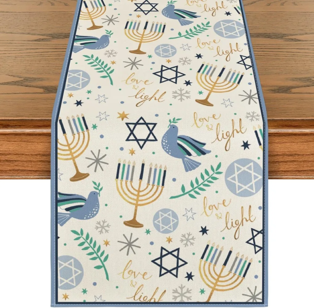 Artoid Mode Pigeon Olive Branch Hanukkah Menorah Table Runner, Seasonal Chanukah Kitchen Dining Table Decoration for Home Party