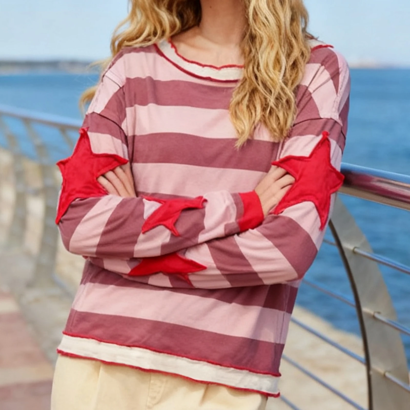 

2025 женские лоскутные полосатые свободные топы в стиле ретро, модные осенние рубашки с длинными рукавами и вышивкой со звездами