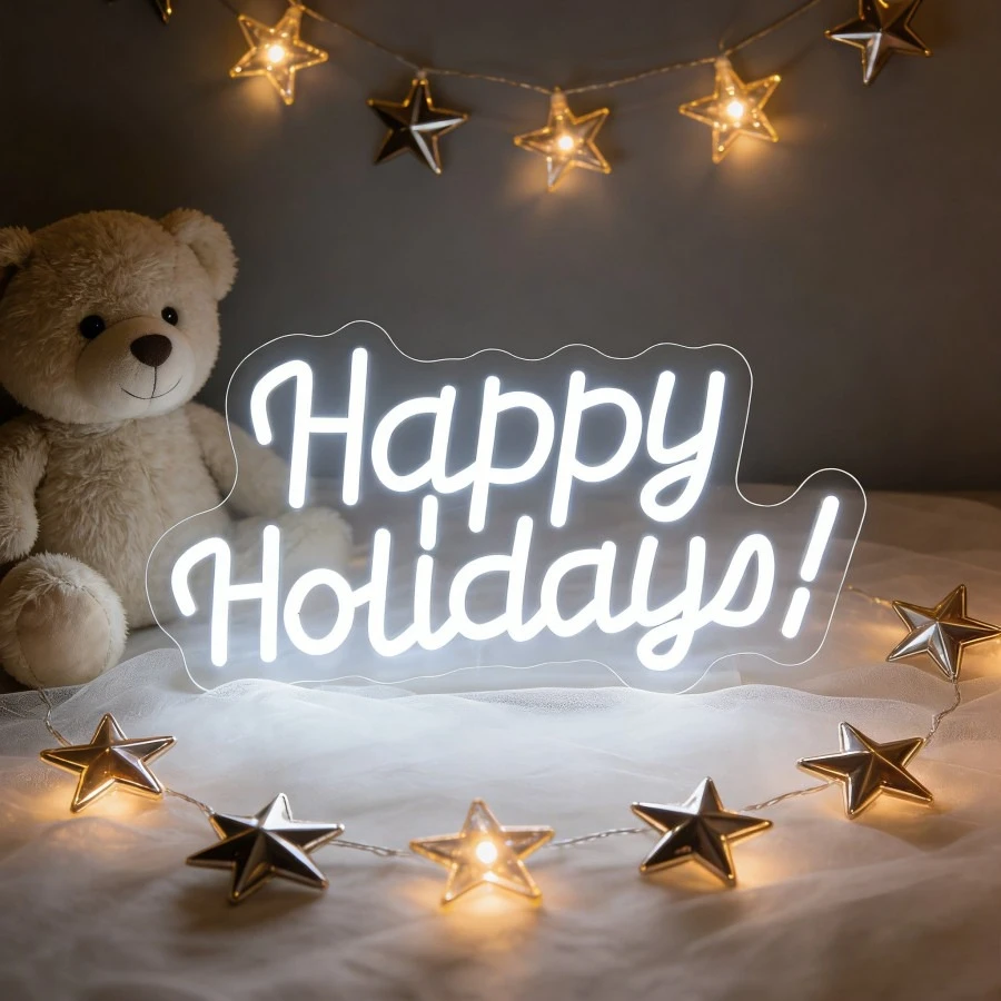 

Happy Holidays Neon Sign LED Wall Art Lighting Decoration Home Bar Xmas Ornament USB Rechargeable Acrylic Night Light Gift
