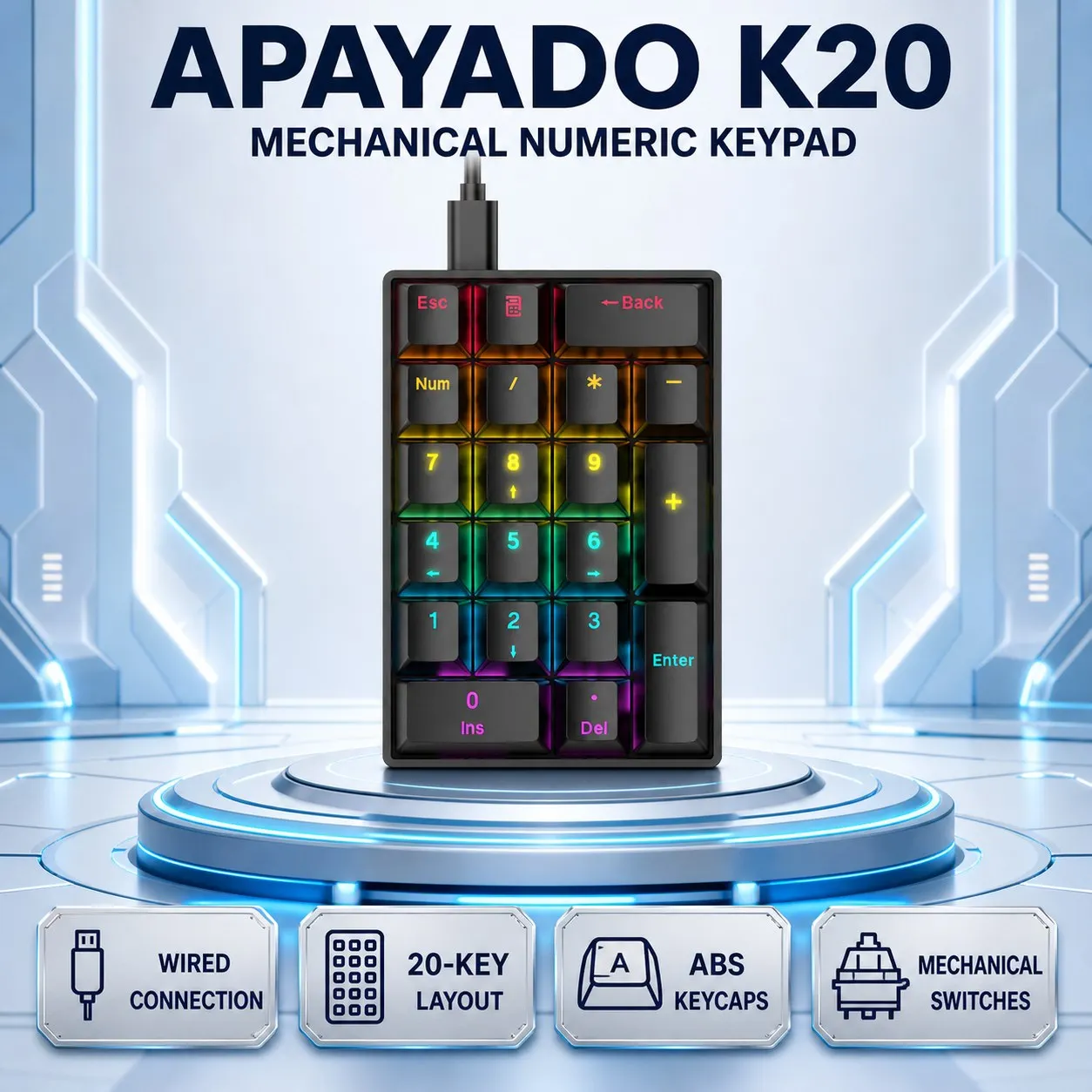 APAYADO K20 Mechanical Numeric Keypad, Wired USB-C, Detachable 1.5m Cable, 20 Keys, Blue or Red Switches, Calculator Shortcut