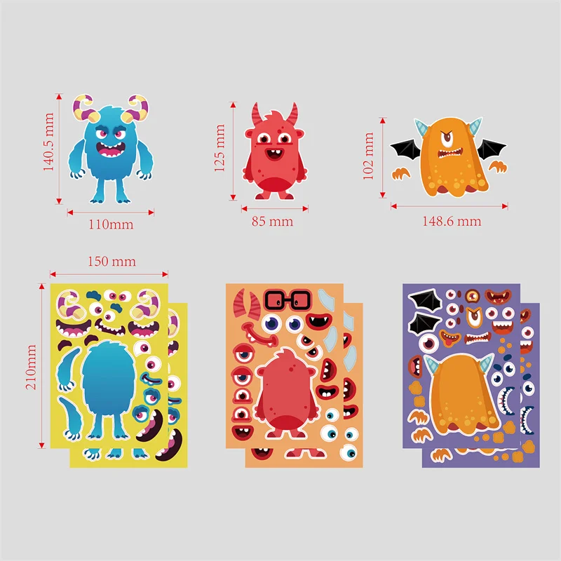 6/12Sheets Children DIY Monster Puzzle Sticker Funny Face Expression Assemble Jigsaw Stickers Kids Educational Toys Boys Gifts