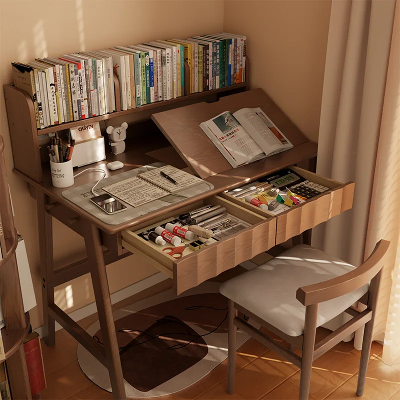 #New solid wood desk bookshelf integrated table home use for middle and high school students study desk chair cover bedroom