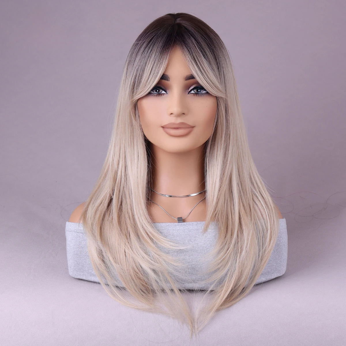 Blonde Highlights mid-part blonde bangs Natural synthetic Heat resistant fiber festive Wigs 24 inches