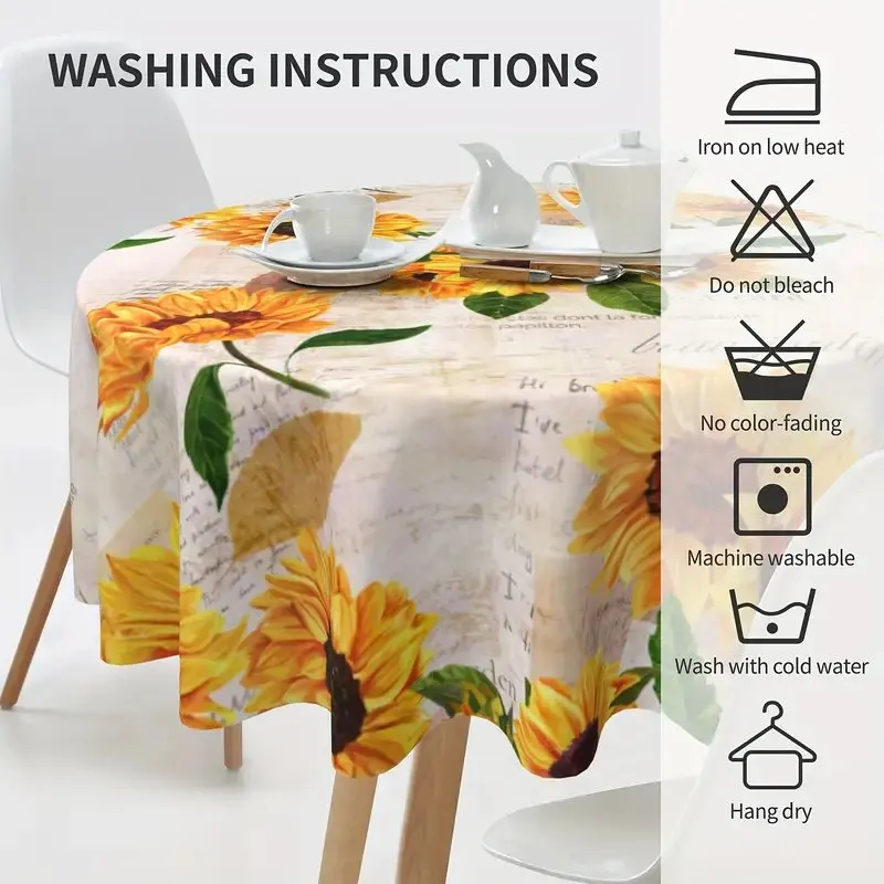 1PC Sunflower Round Tablecloths, Summer Style Vintage Bohemian Table Cover, Stain Resistant And Waterproof, Wrinkle Resistant Ta