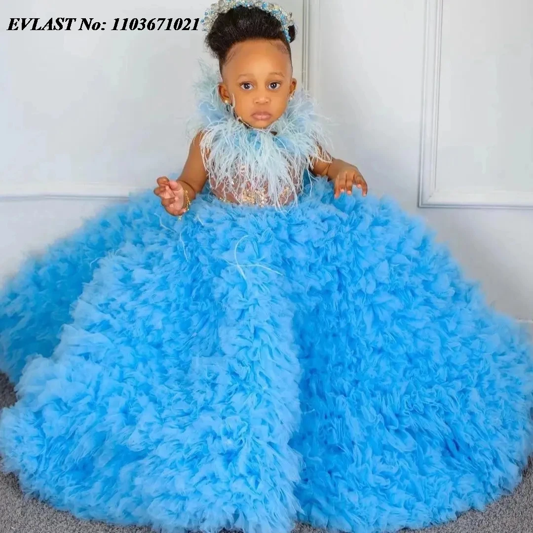 

EVLAST Customized Blue Flower Girls Dress for Wedding Feather Ruffles Beading Girl Pageant Kids Holy First Communion Gown FD48