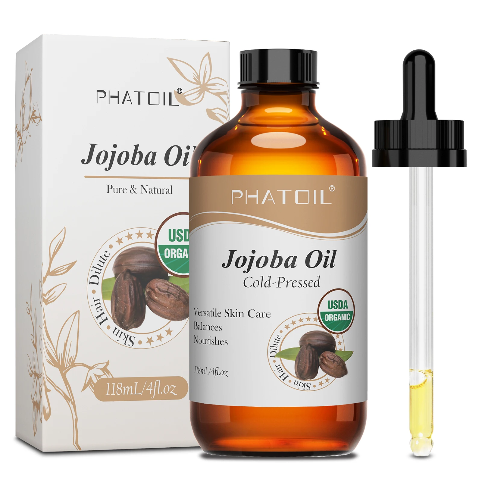 PHATOIL 118ml Bio Jojobový Olej Lisovaný Za Studena Čistý Přírodní Olej Jojo pro Hydrataci Pleti, Vlasů, Pokožky a Nehtů