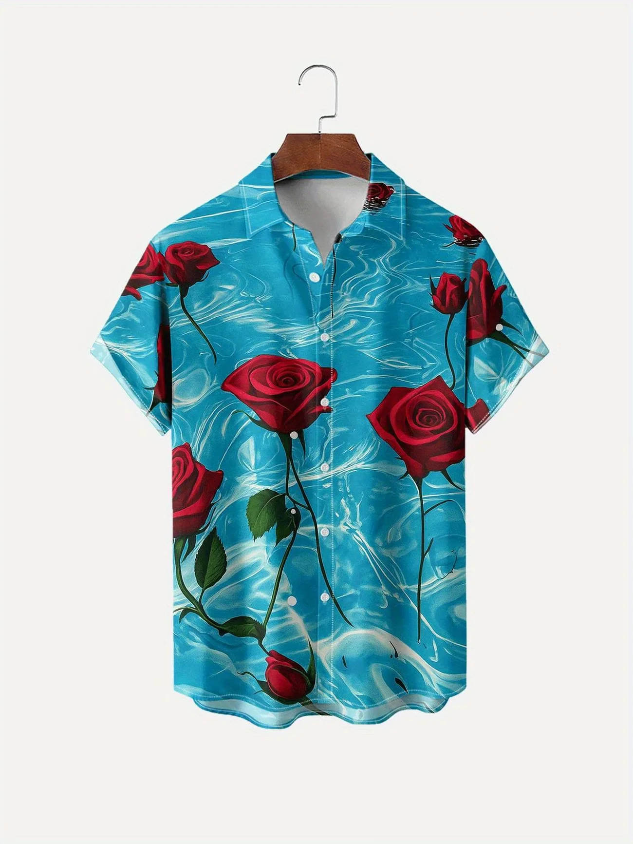 

Rose pattern print, fashionable men's short sleeved shirt, loose top, outdoor street, casual and comfortable