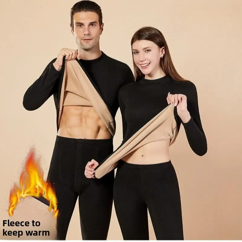 Men's Winter Set Half-high Collar First Layer 2 Pieces Tops + Pants Fleece Warm Elastic Thermal Thick Underwear Set
