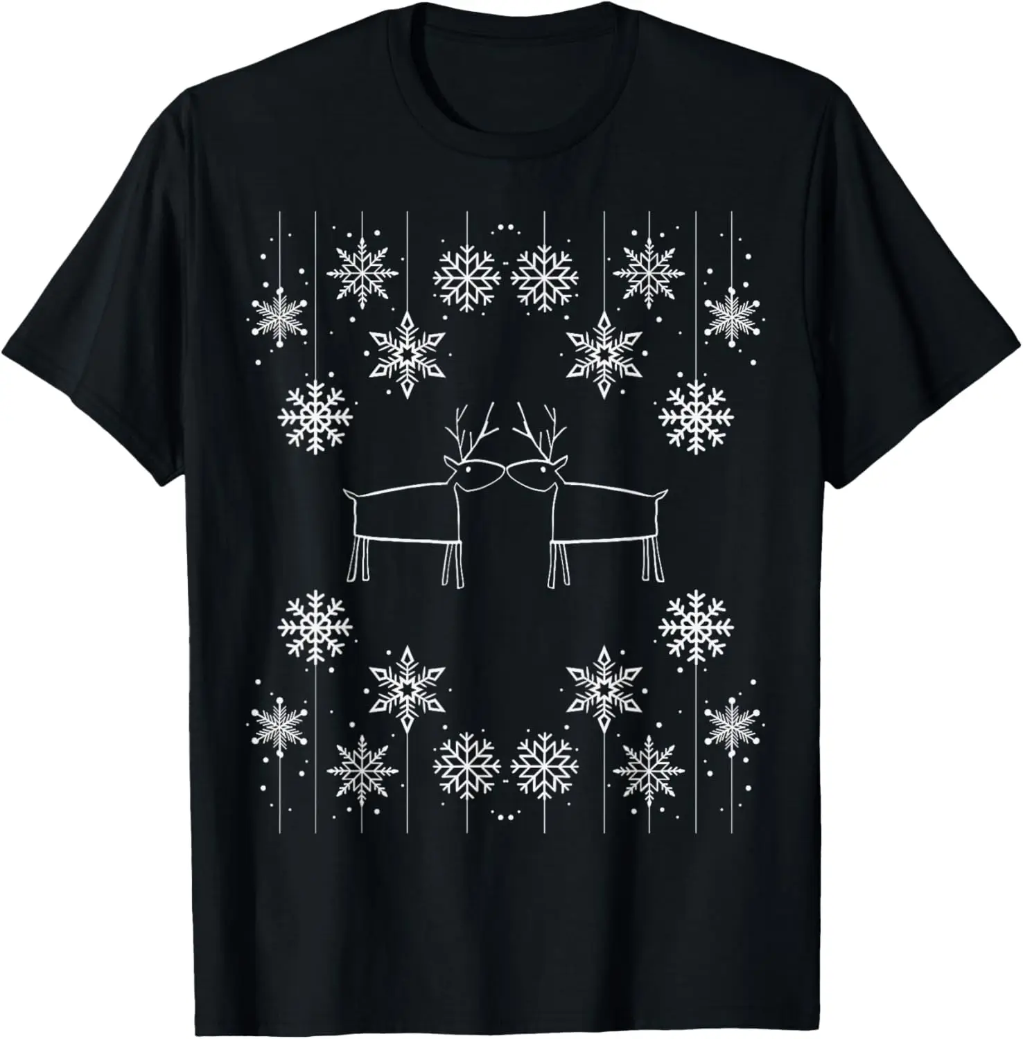 Christmas Kissing Reindeers Snowflake Pattern White T-Shirt