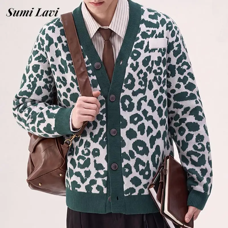 2026 Autumn Winter Knit Sweater Coats Men Daily Casual Pattern Print Long Sleeve Tops Stylish V Neck Knitted Cardigan Mens