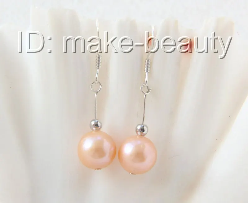 stunning 10mm round pink freshwater cultured pearls dangle earrings 925 silver